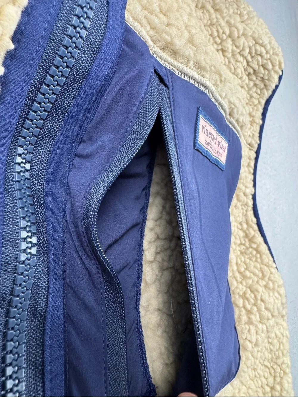 Vineyard Vines Vest Mens XL Cream Sherpa Navy Full Zip Pockets Outdoor Collared